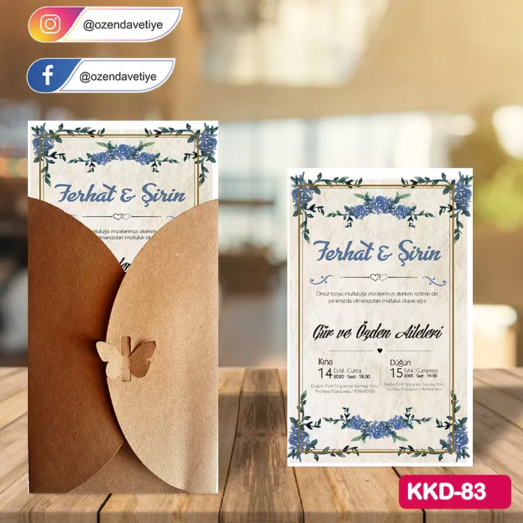 ozen-davetiye-Düğün Davetiyesi - Kelebekli Kraft Zarflı Davetiye Model No:83